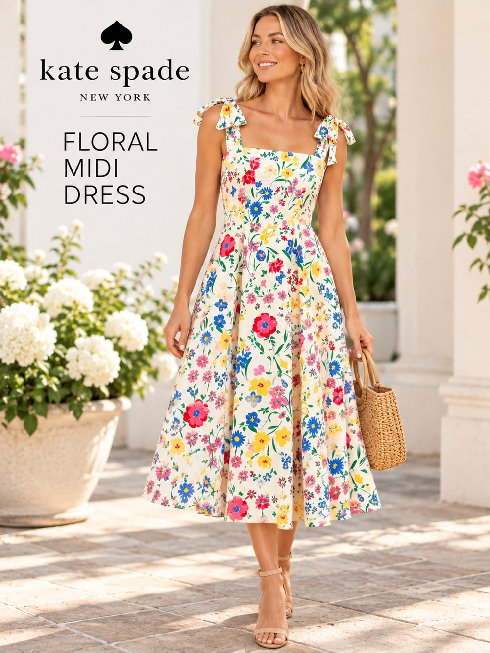 kate spade Cream Floral Tie-Shoulder Midi Dress with Multicolor Blooms